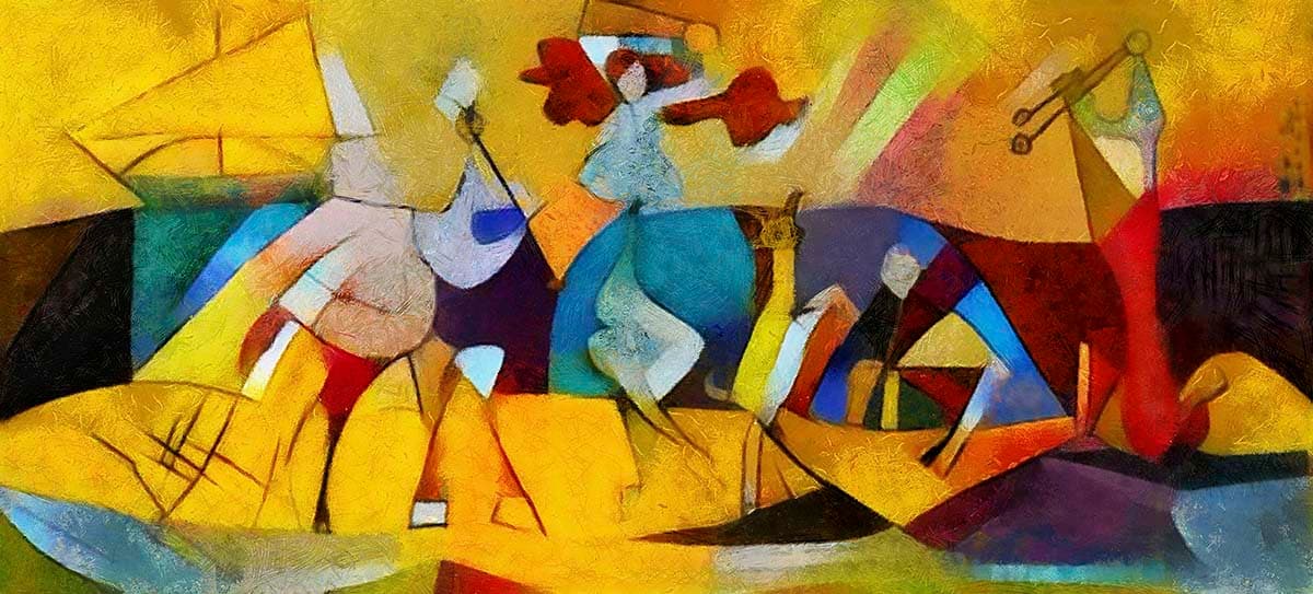 A painting of people dancing pattern detail