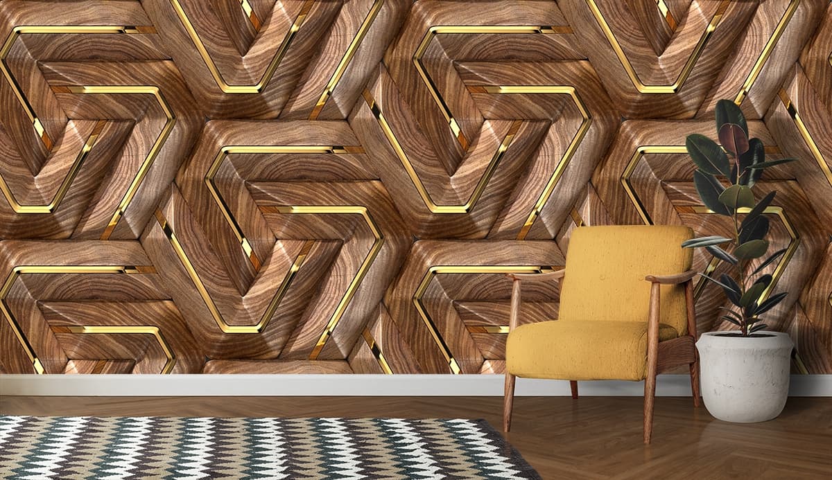 Elegant Wood and Gold Pattern Modern Wallpaper shown in a room