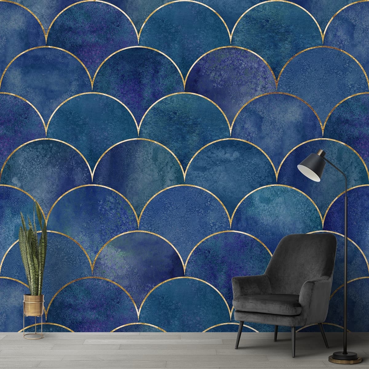 Fish Scale Pattern Blue Wallpaper for Drawing Room shown in a room