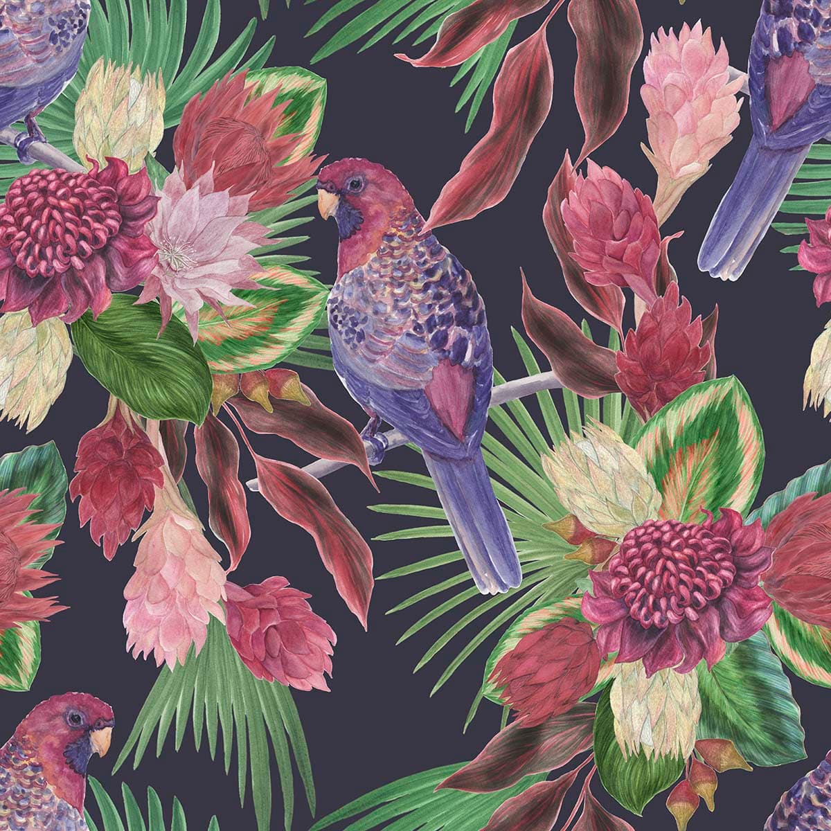 Colorful Flower and Parrot Wallpaper for Wall pattern detail