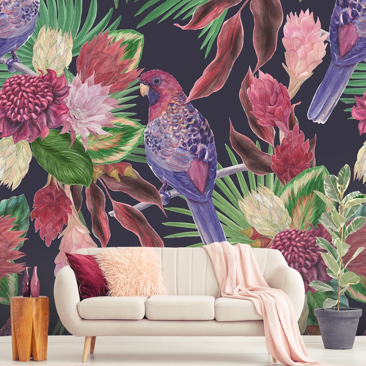 Colorful Flower and Parrot Wallpaper for Wall shown in a room