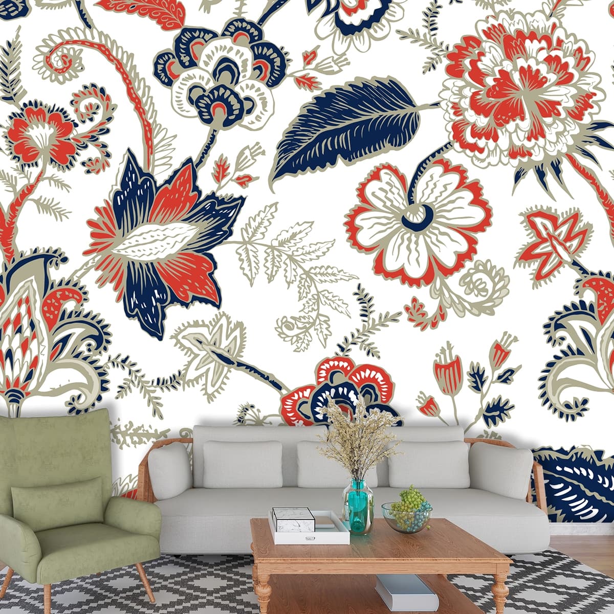 Elegant Floral Pattern with Leaves Decorative Wallpaper shown in a room