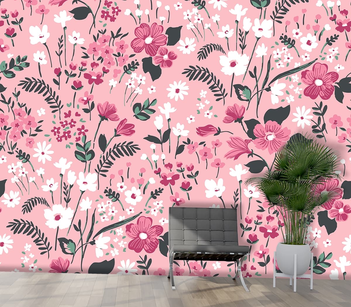 A pattern of flowers on a pink background shown in a room