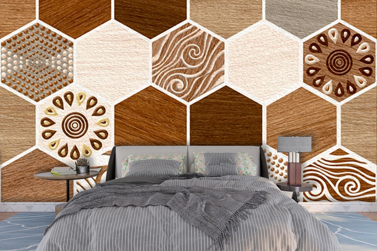 Wooden Hexagon Design Modern Texture Wallpaper shown in a room