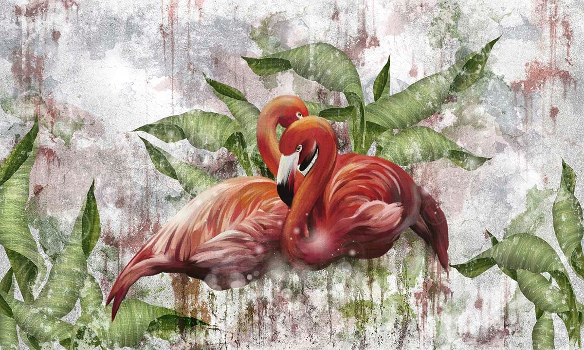 Luxury Flamingo Tropical Leaves Wall Mural Wallpaper pattern detail