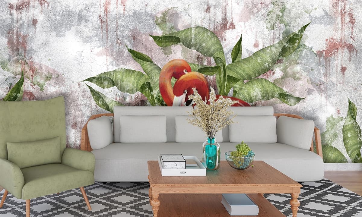 Luxury Flamingo Tropical Leaves Wall Mural Wallpaper shown in a room