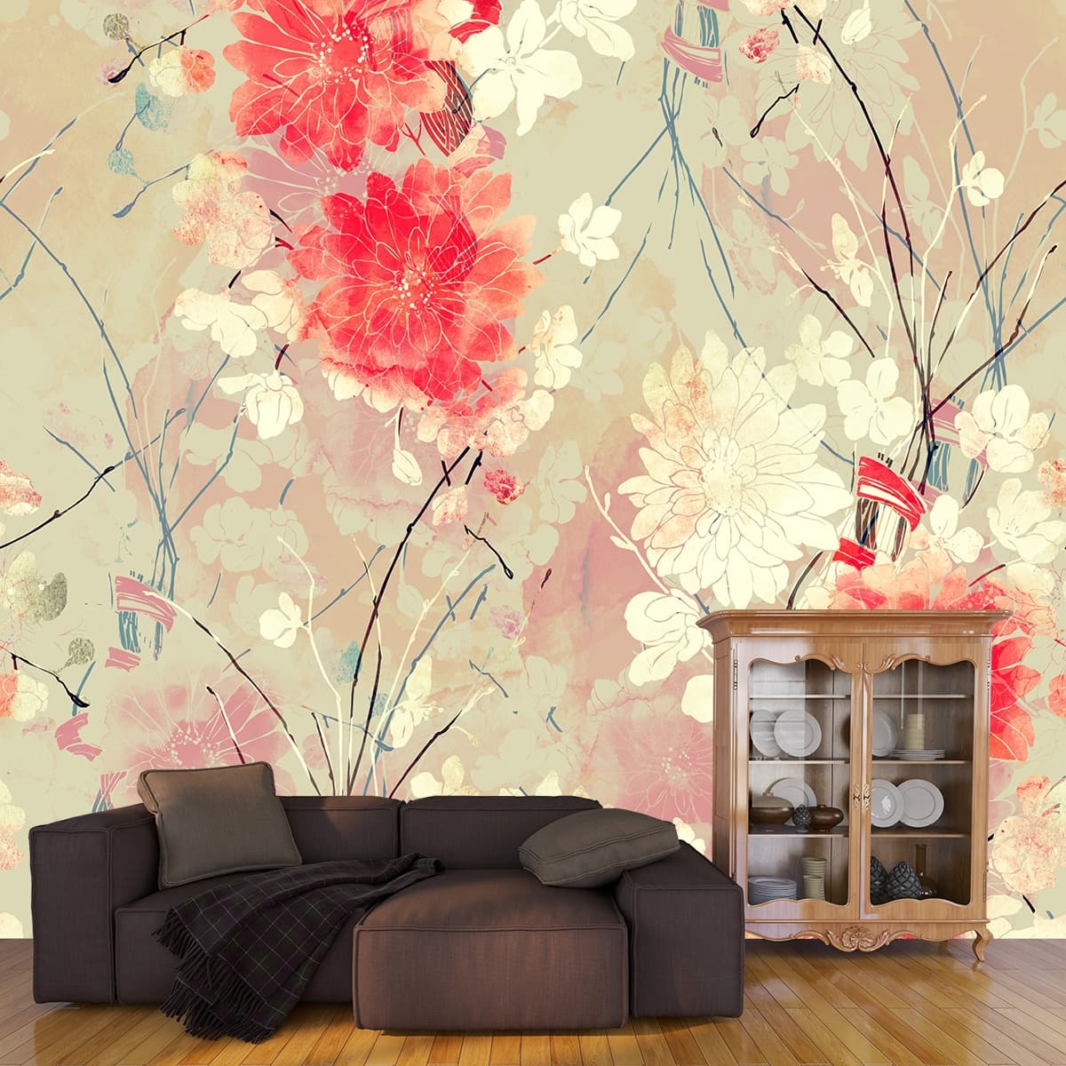 Serene Floral Symphony Wallpaper shown in a room