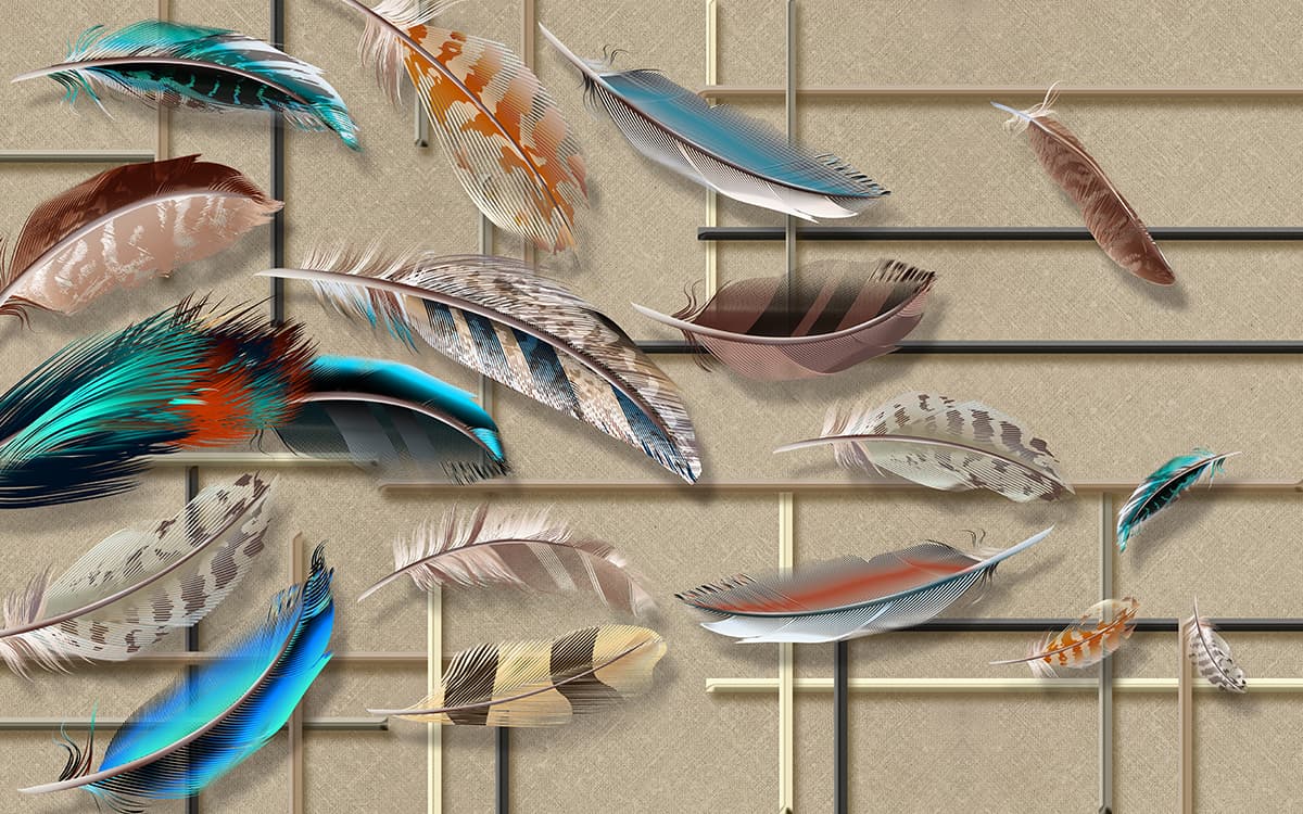 Elegant 3D Blue and Brown Feather Pattern Wall Wallpaper pattern detail