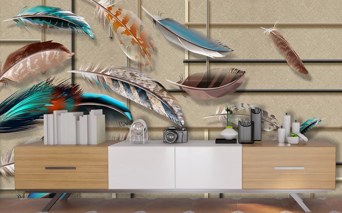 Elegant 3D Blue and Brown Feather Pattern Wall Wallpaper shown in a room