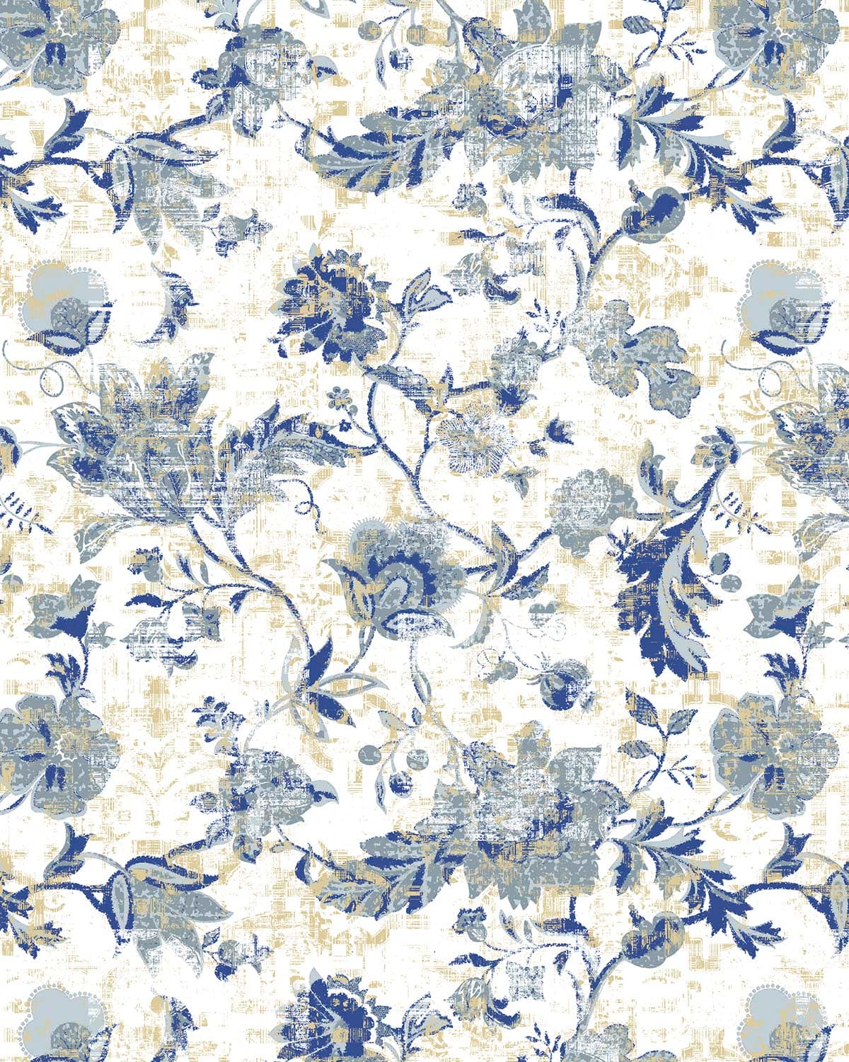 Blue and White Floral Pattern Classic Decorative Wallpaper pattern detail