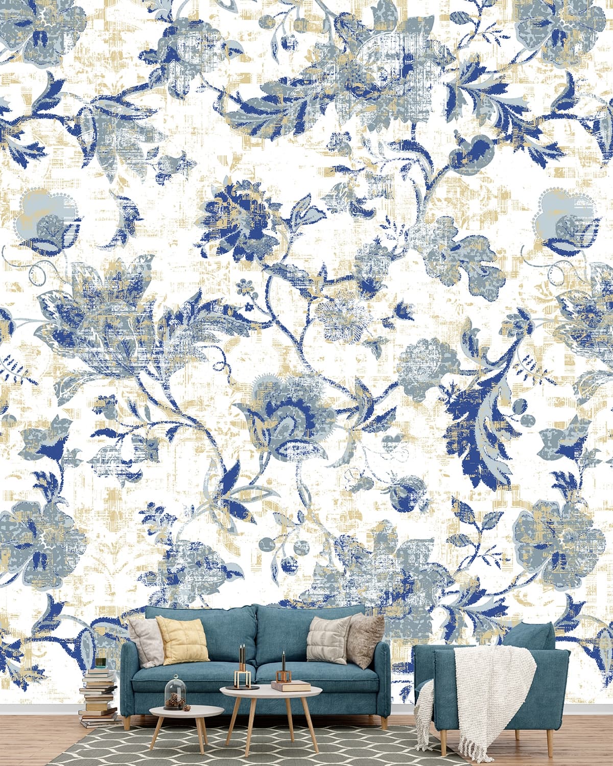 Blue and White Floral Pattern Classic Decorative Wallpaper shown in a room