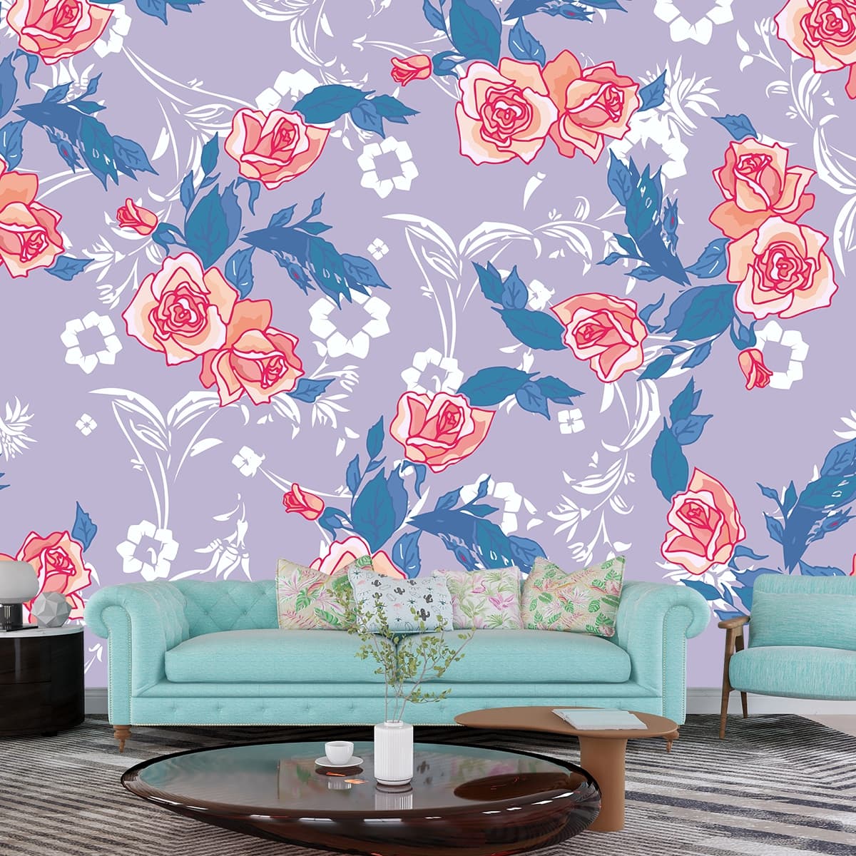 Floral Pattern on Purple Background Wall Mural Wallpaper shown in a room