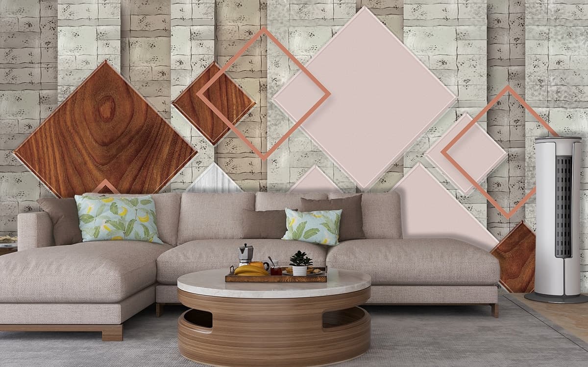 A wall with various shapes and colors shown in a room