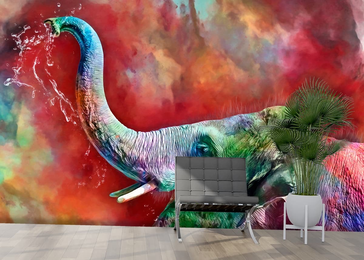 Colorful Elephant Head Art Wallpaper shown in a room