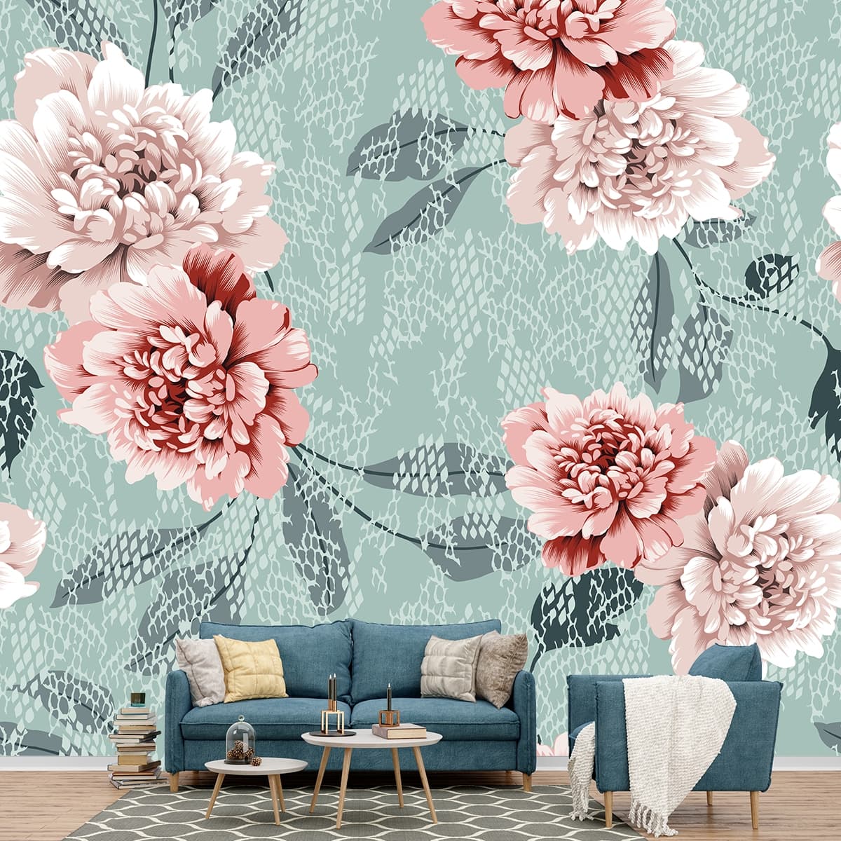 A floral pattern with pink and white flowers shown in a room