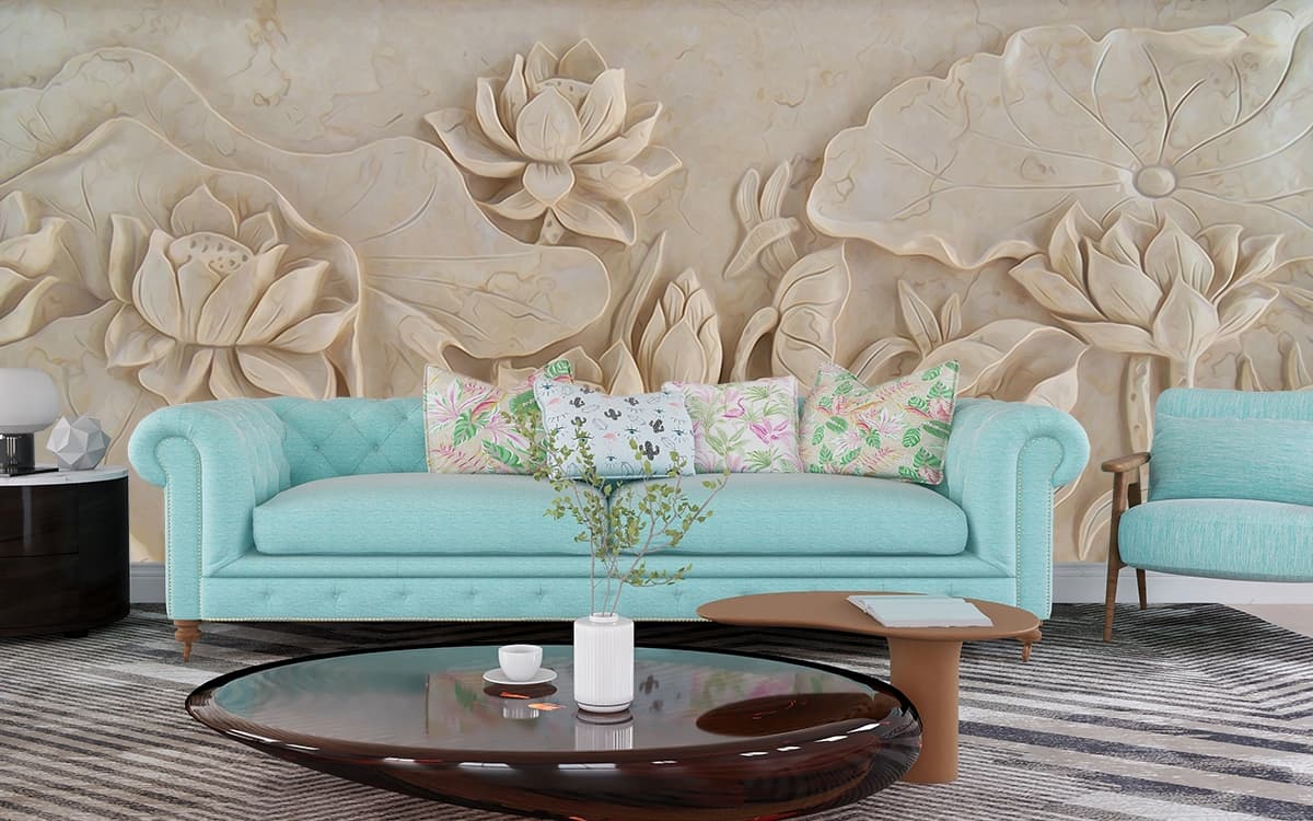 Premium Stone Carving Flowers Leaves Wallpaper shown in a room