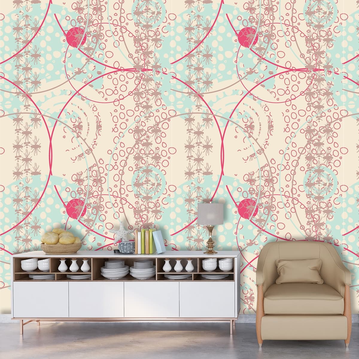 Vintage Abstract Design Wallpaper Mural shown in a room