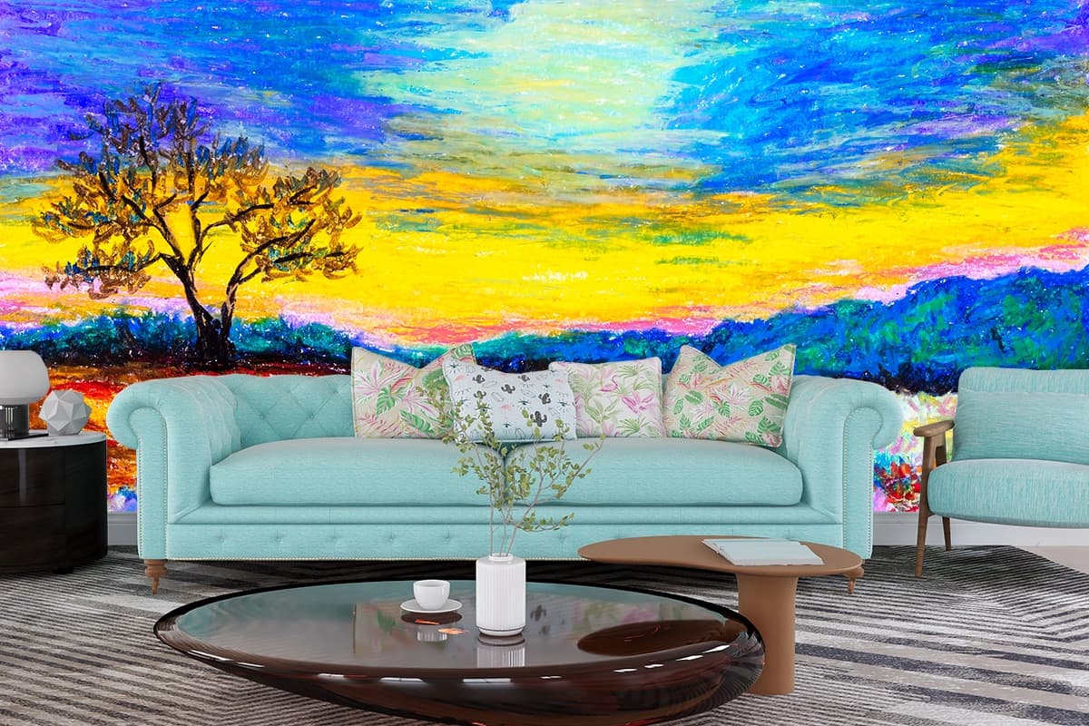 Lavender Field Painting Scenic Nature wallpaper shown in a room