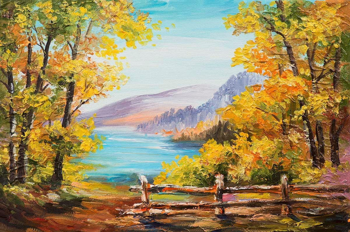 A painting of a lake with trees and mountains pattern detail