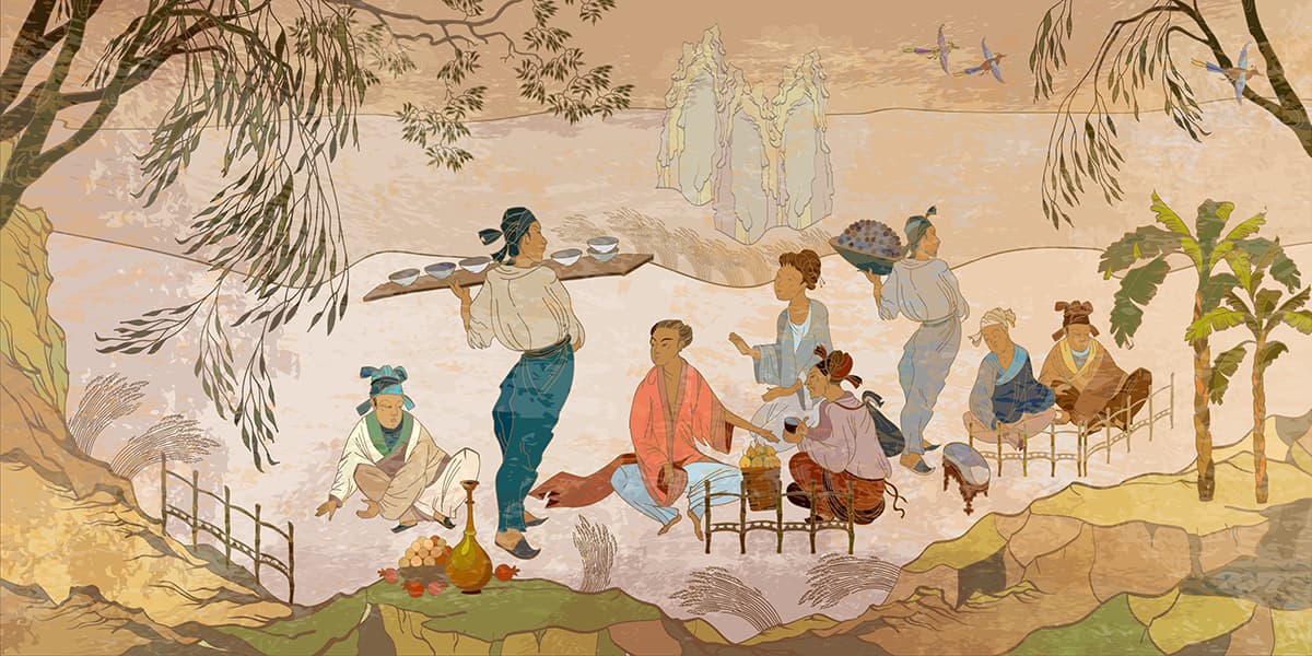 People in Traditional Clothes Cultural Scene wallpaper pattern detail
