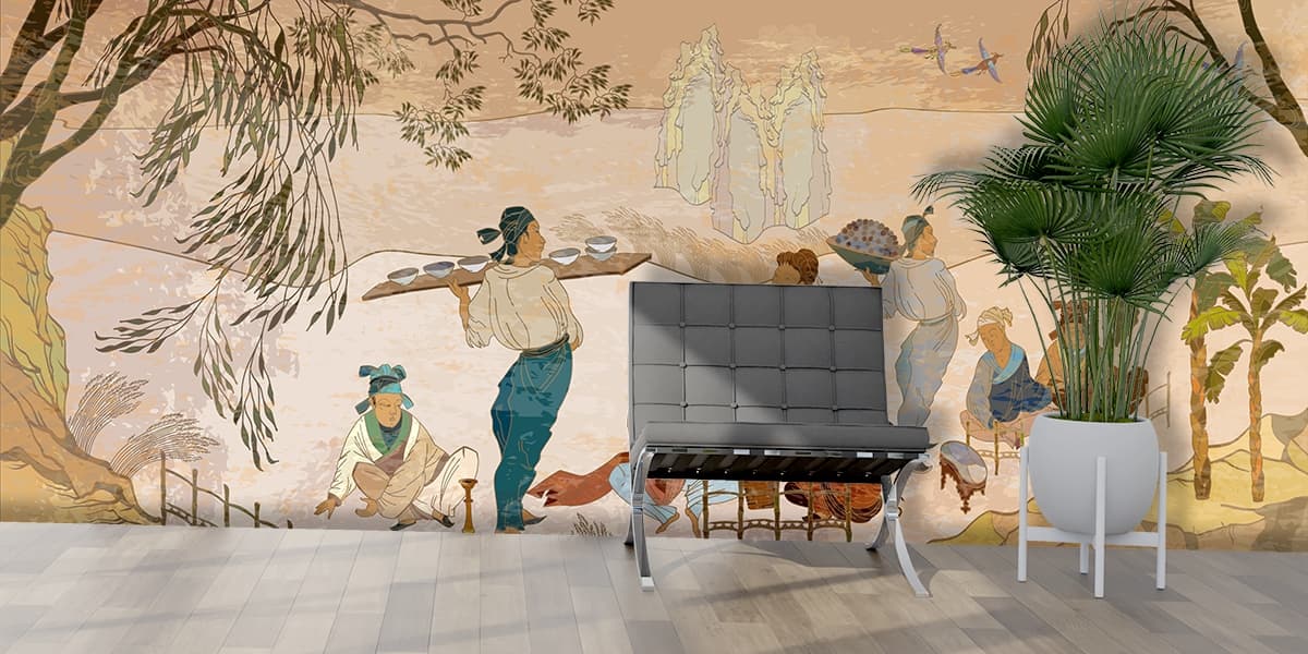 People in Traditional Clothes Cultural Scene wallpaper shown in a room