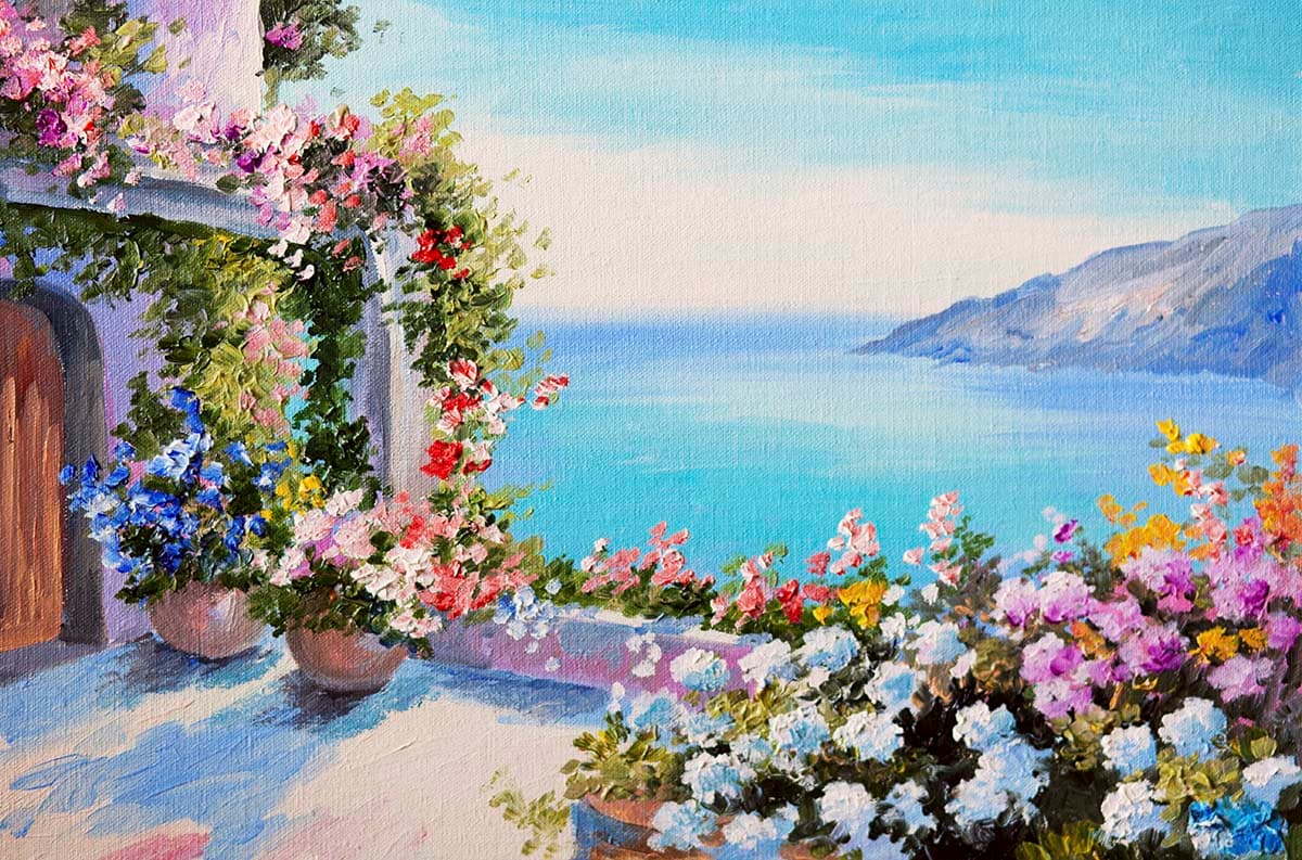Elegant Ocean Balcony Flower Scene Wallpaper pattern detail