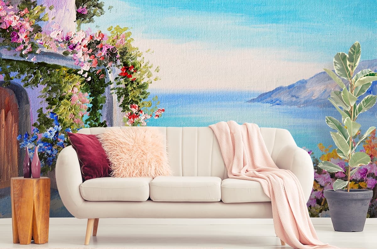 Elegant Ocean Balcony Flower Scene Wallpaper shown in a room