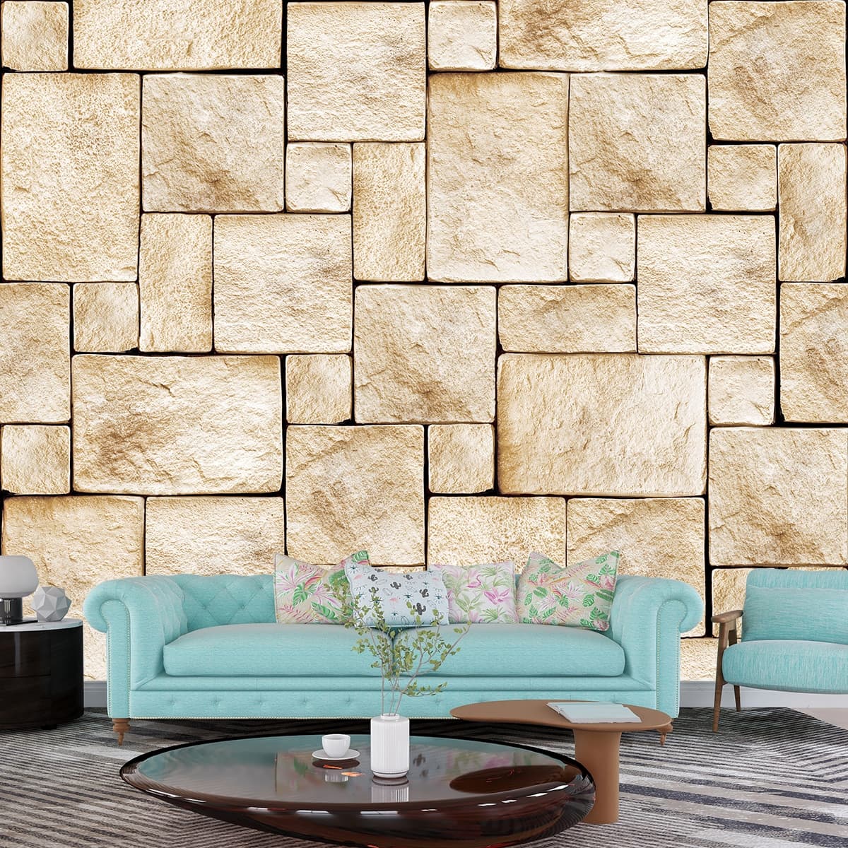 Natural Stone Blocks Wall Surface Texture Wallpaper shown in a room