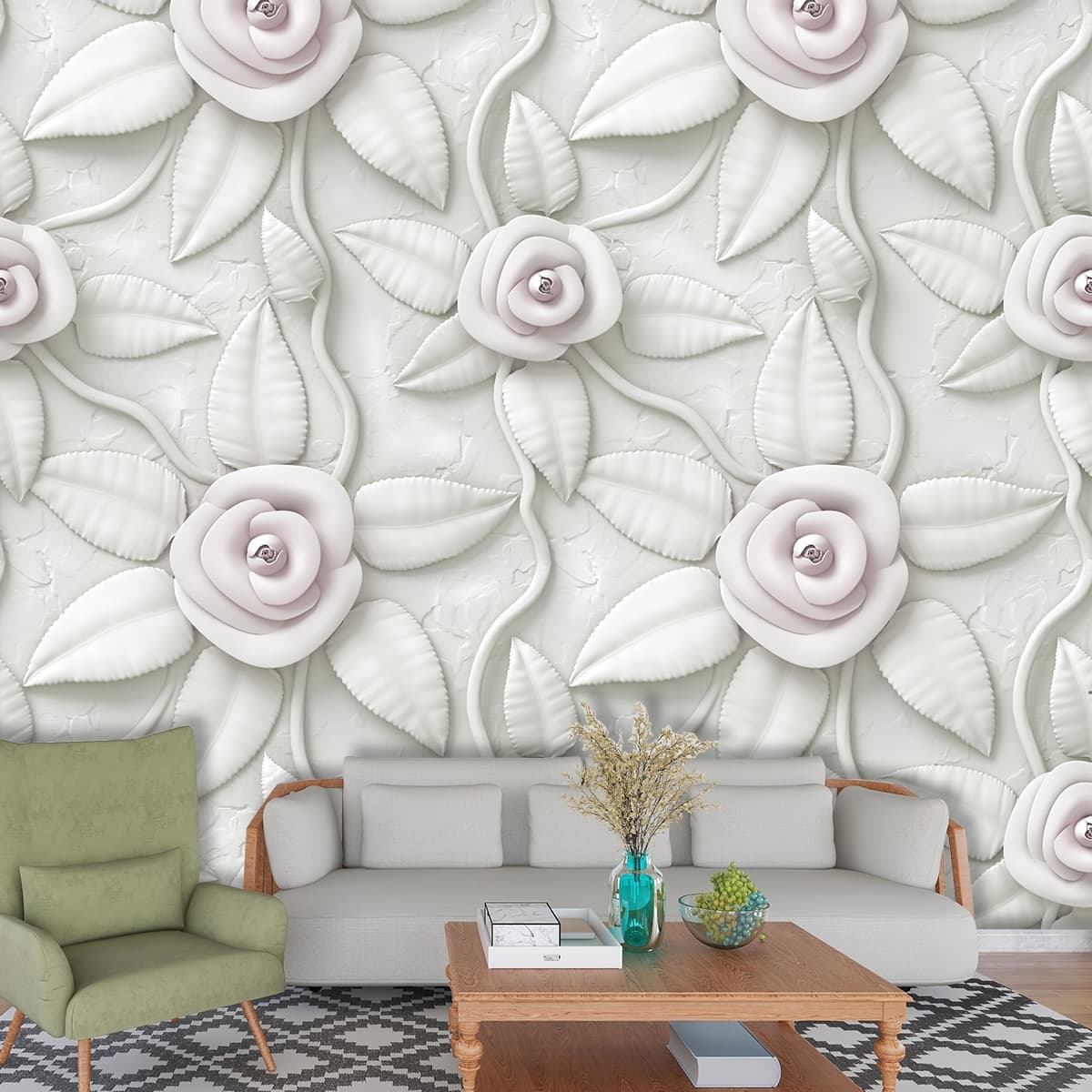 A white floral pattern with white flowers and leaves shown in a room