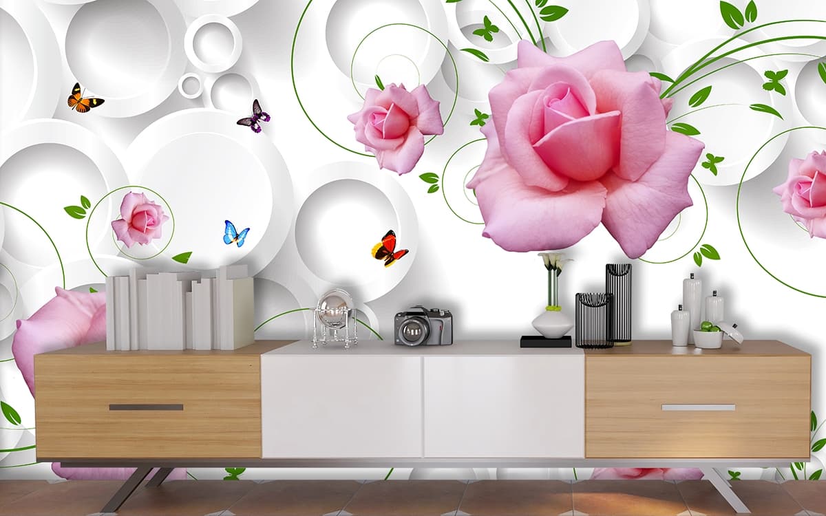 Wallpaper with pink roses and butterflies for Wall shown in a room