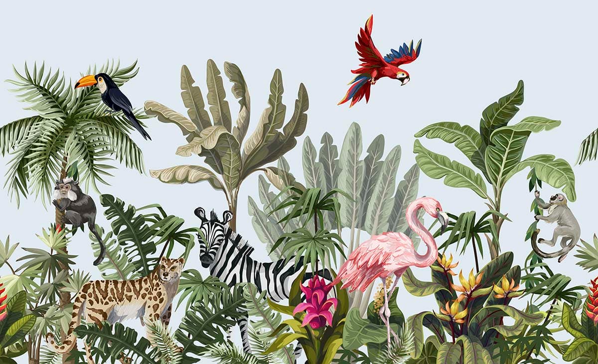 Tropical Wallpaper for Walls, Birds and Jungle pattern detail