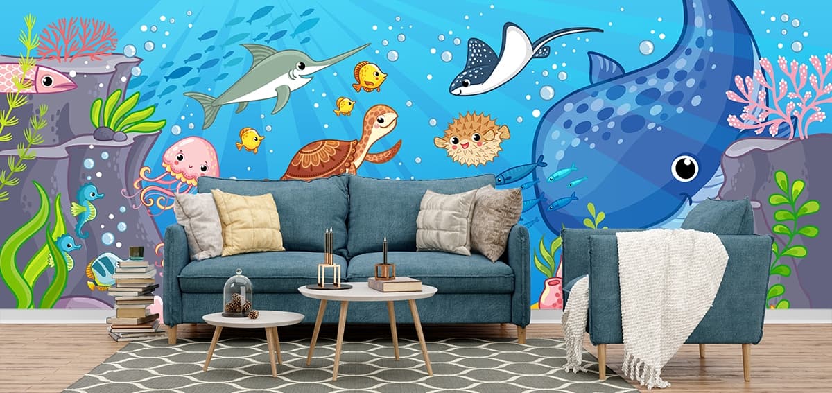 Playful Ocean Friends Wallpaper shown in a room