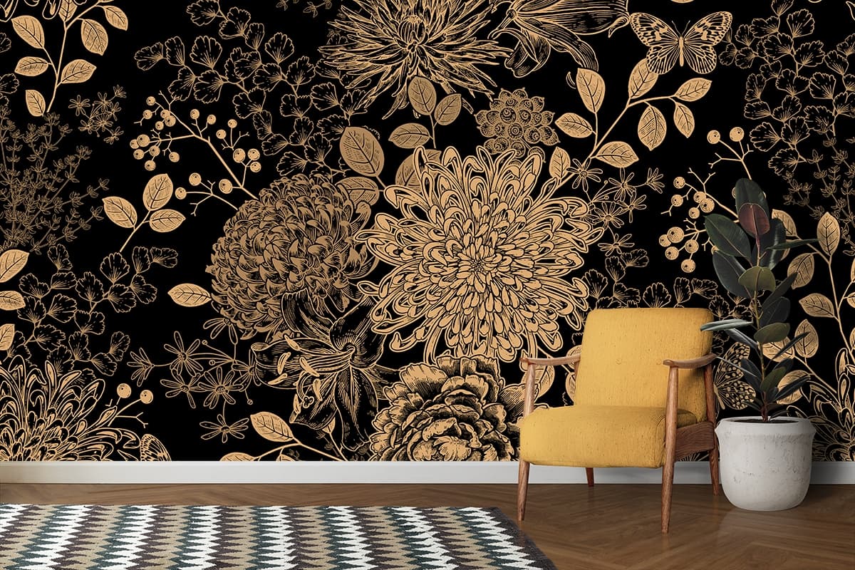 Black and Gold Flower Wallpaper For Bedroom shown in a room