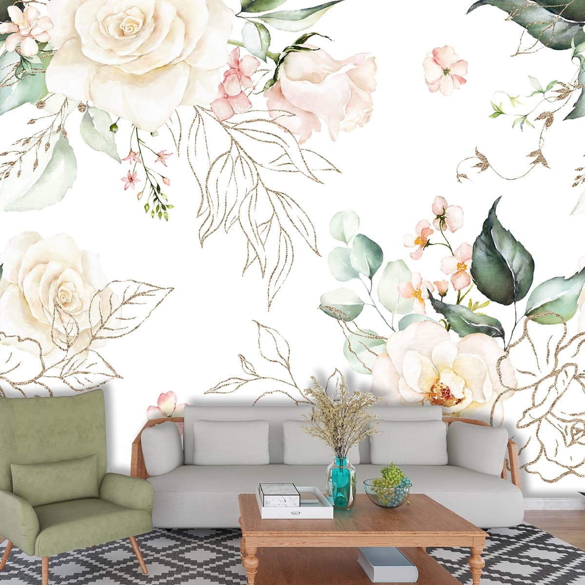 A Wallpaper Mural of Romantic Roses shown in a room