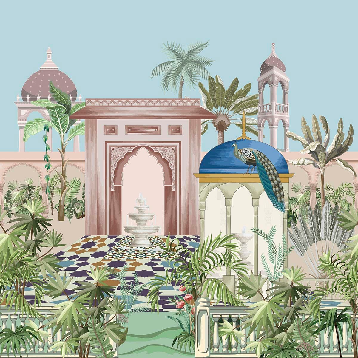 Tropical Garden Fountain Landscape Painting wallpaper pattern detail