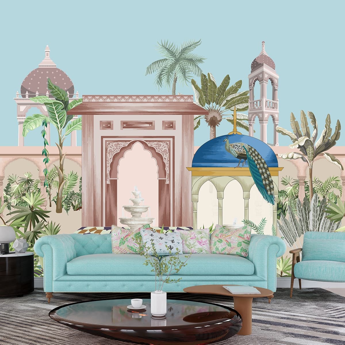 Tropical Garden Fountain Landscape Painting wallpaper shown in a room