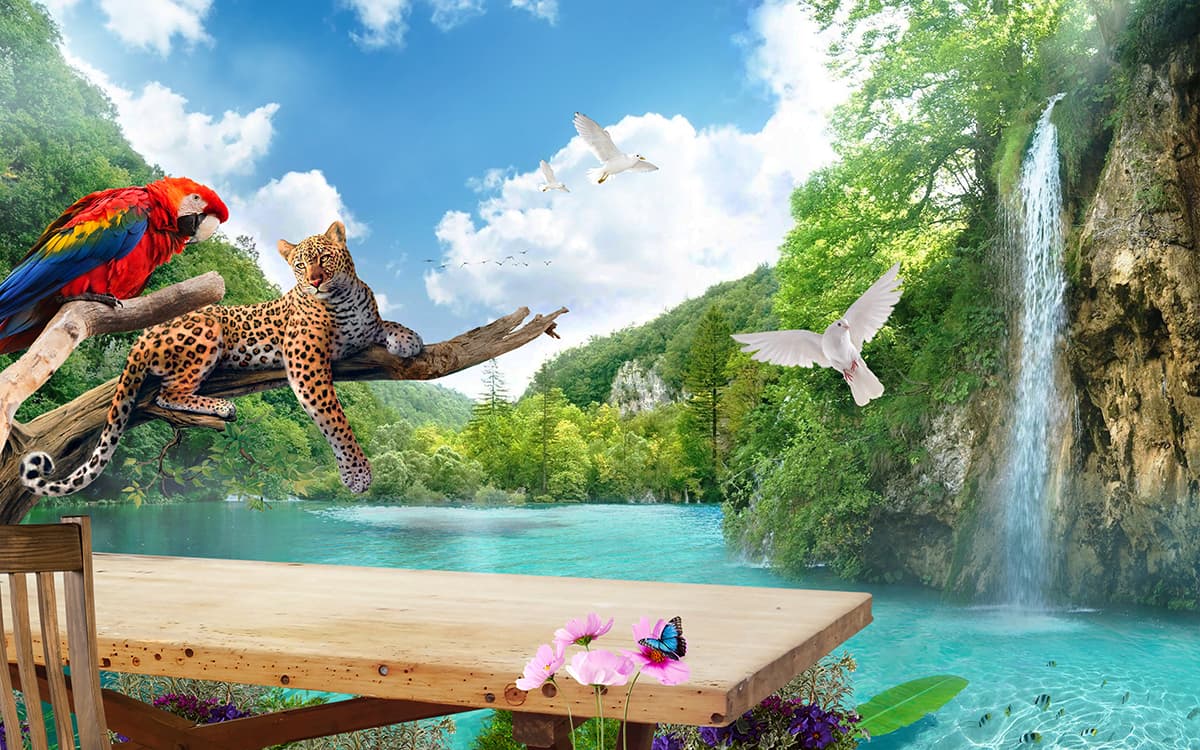 Wild cheetah resting on branch with birds flying wallpaper pattern detail