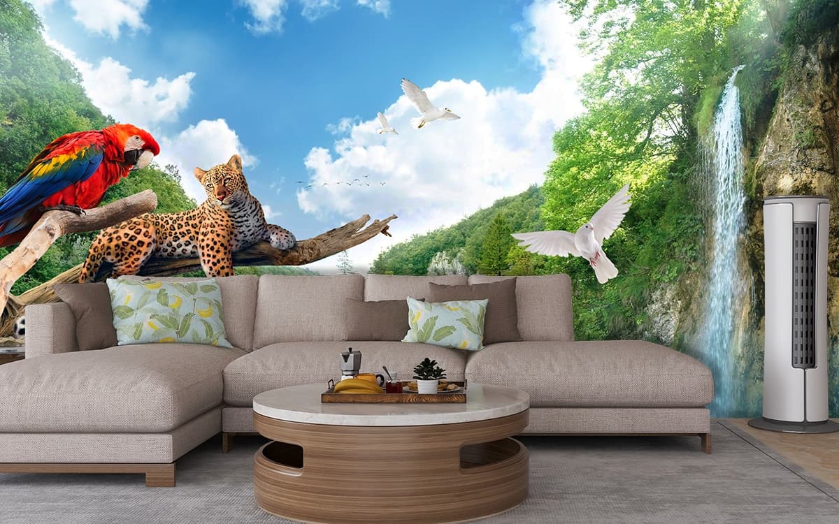 Wild cheetah resting on branch with birds flying wallpaper shown in a room