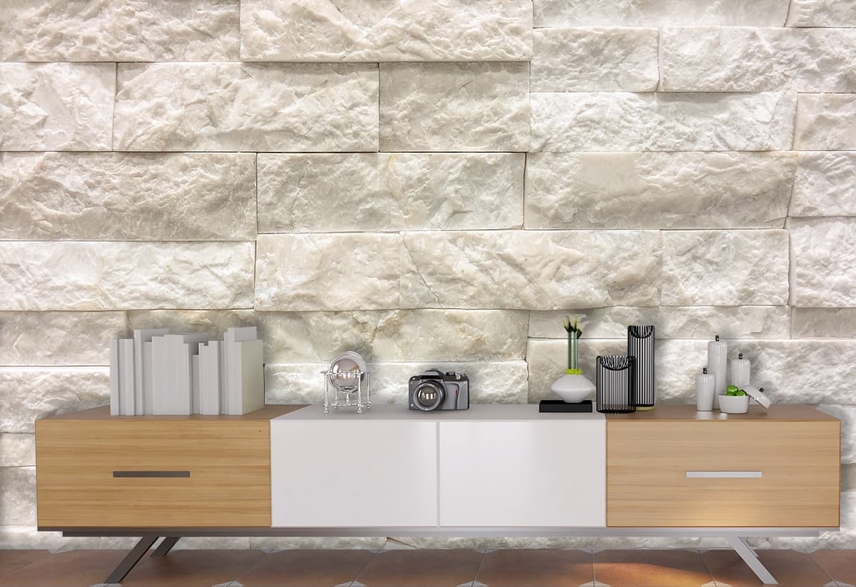 Simple White Rectangular Brick Pattern Clean Wallpaper shown in a room