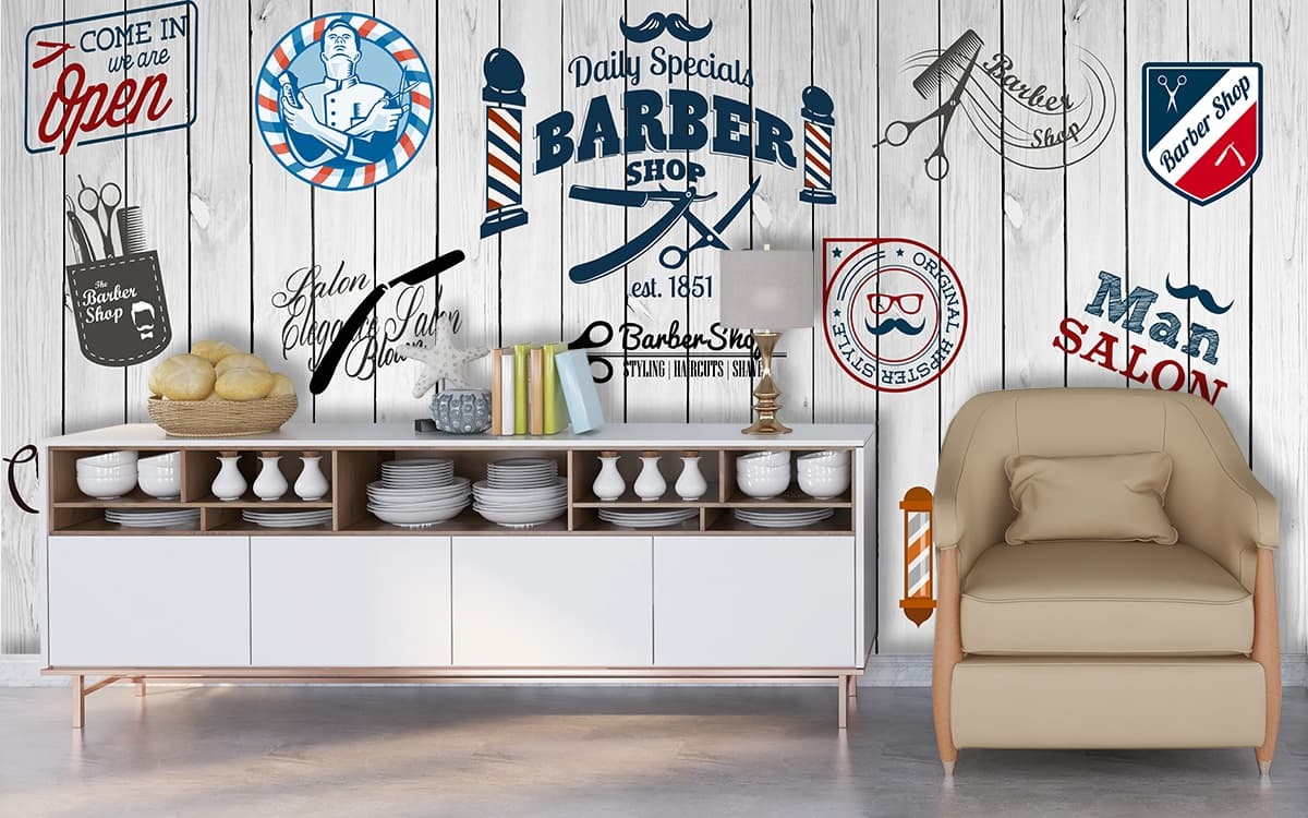 Premium Barber Shop Interior Design wallpaper shown in a room