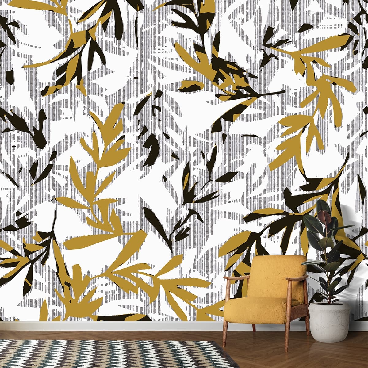 White and Yellow Leaves Pattern Wallpaper Mural shown in a room