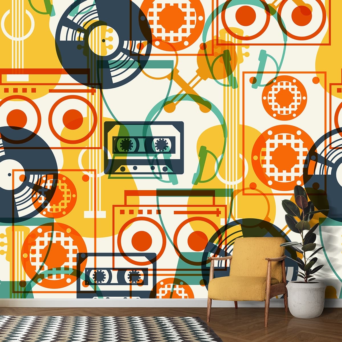 Stylish Retro Music Equipment Wallpaper Design shown in a room