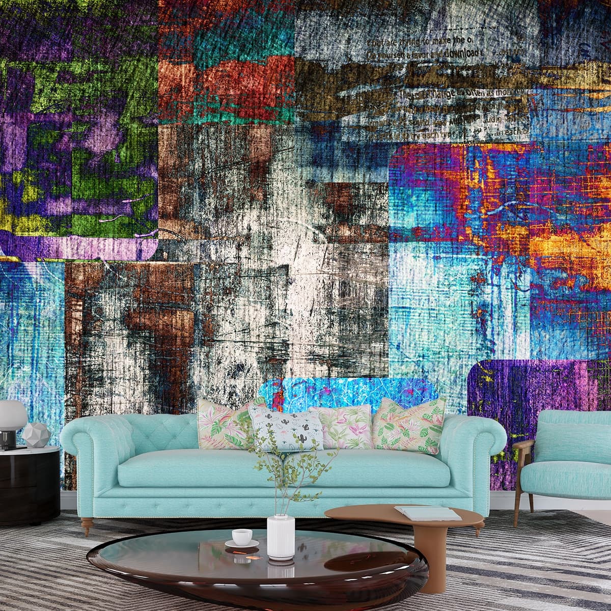 A colorful squares on a surface shown in a room