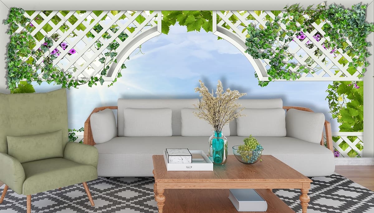 White lattice with Green Leaves Wallpaper for 5th Wall shown in a room