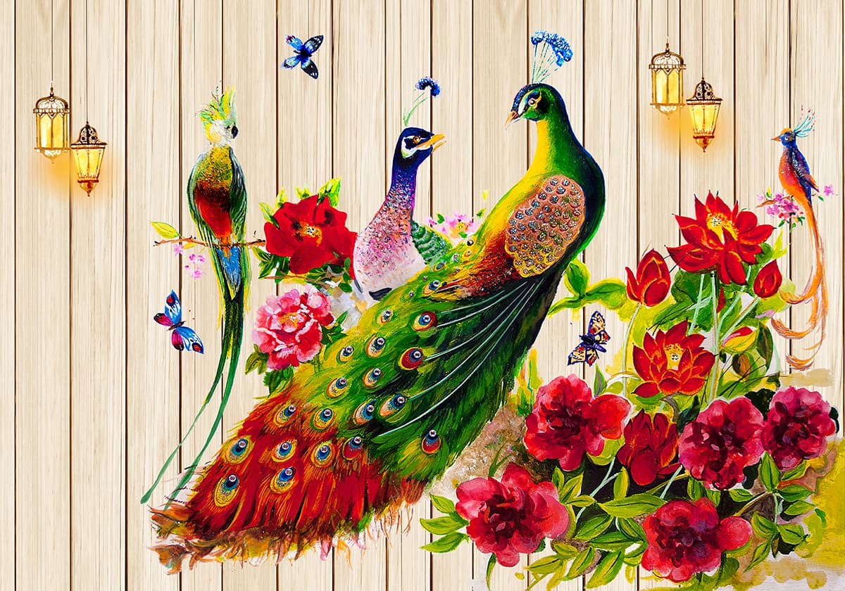 Elegant Birds and Floral Painting Nature-Inspired Wall Wallpaper pattern detail