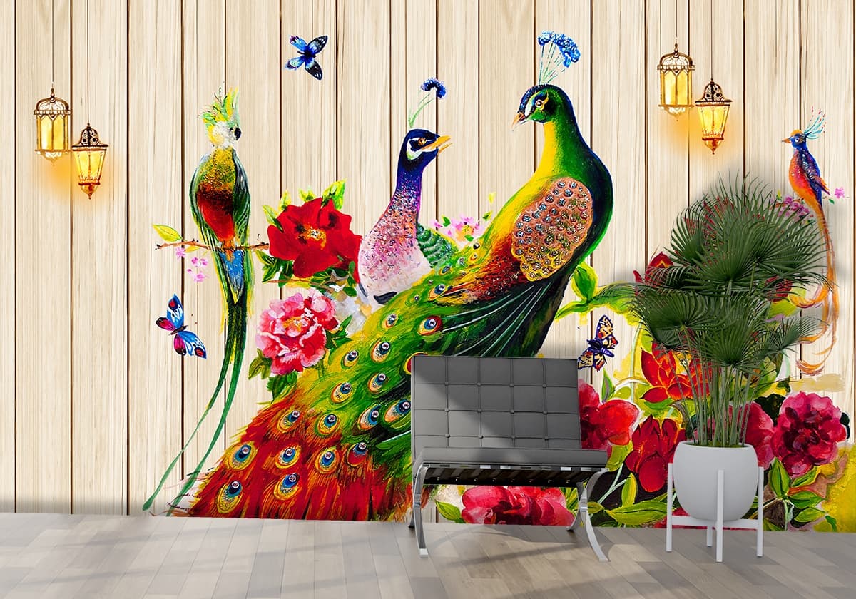 Elegant Birds and Floral Painting Nature-Inspired Wall Wallpaper shown in a room