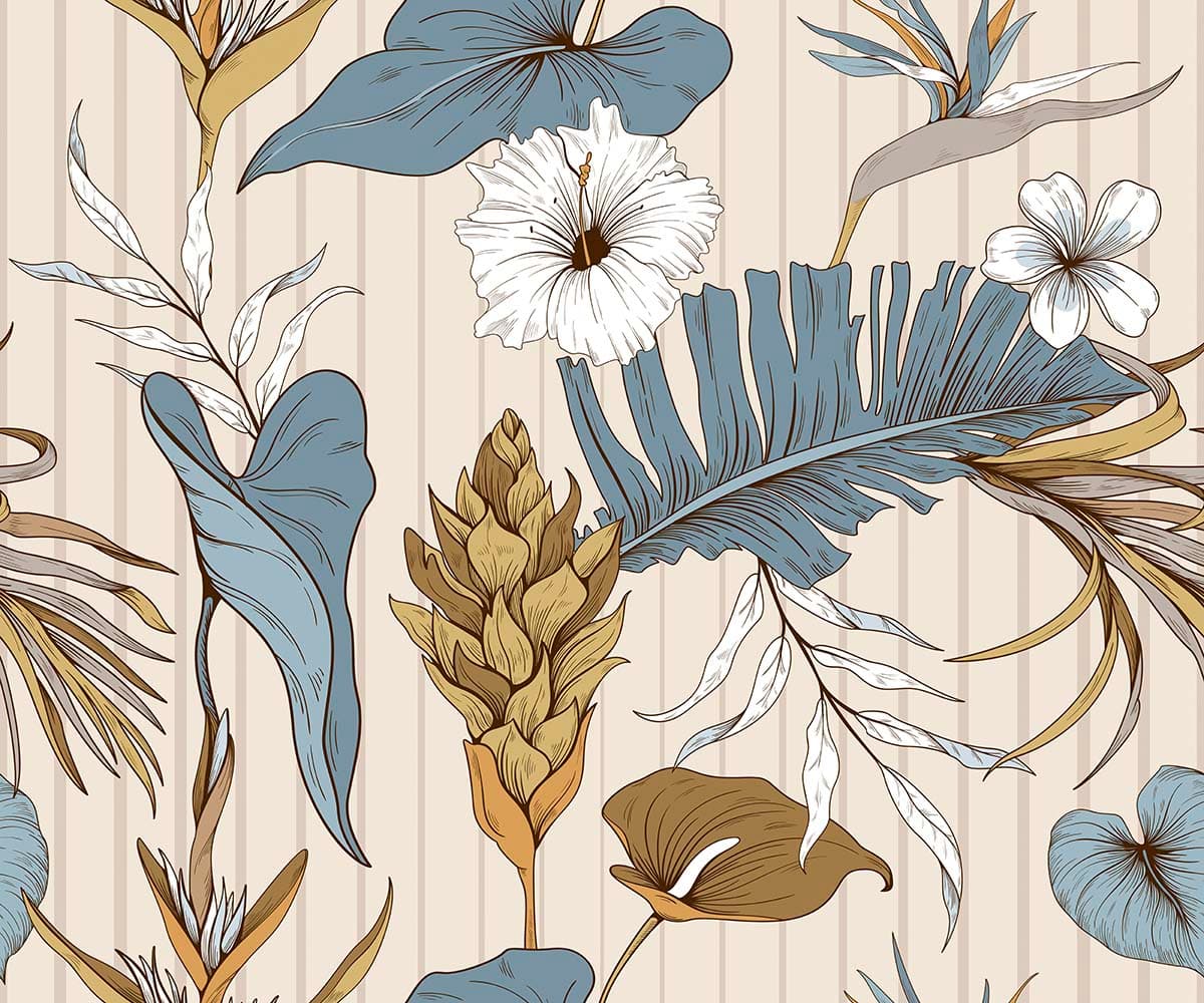 A Tropical Flowers and Leaves Design Wallpaper pattern detail