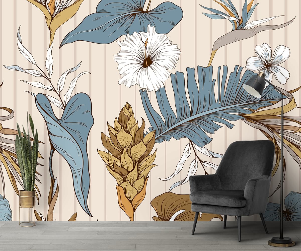 A Tropical Flowers and Leaves Design Wallpaper shown in a room