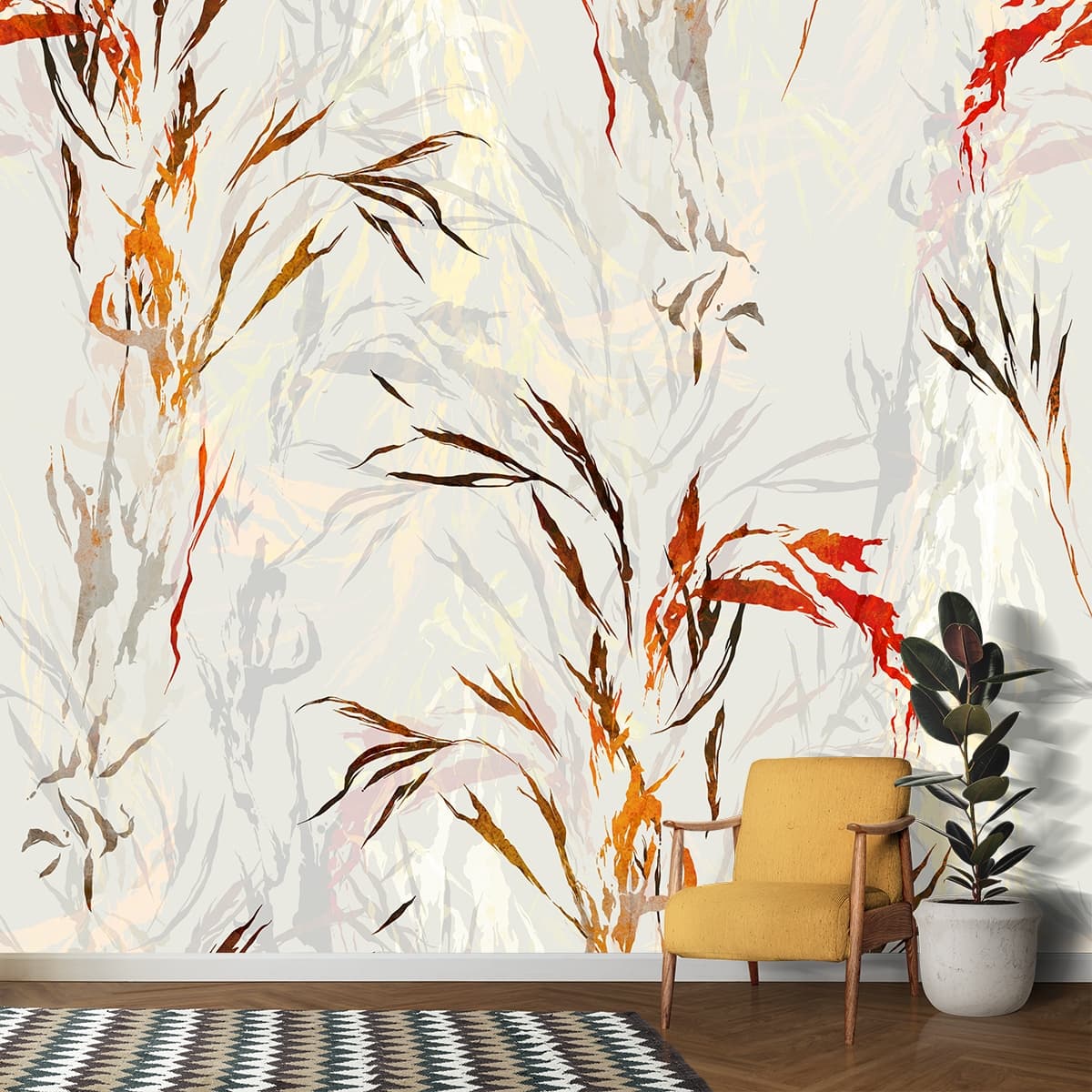 Floral and Leaf Pattern Botanical Wall Mural Wallpaper shown in a room