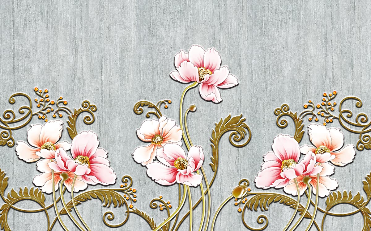 A Vintage Wallpaper with Gray Background and Floral Flowers pattern detail